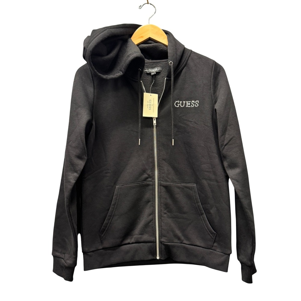 Guess Hoodie Womens Medium Full Zip Fleece Black Rhinestone Logo Jacket  NEW